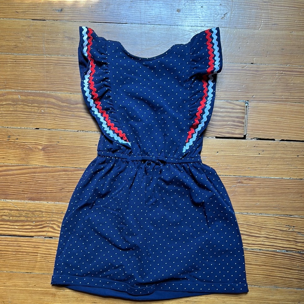 Janie and Jack Navy Polka Dot Dress with Red and White Ric Rac Ruffle Sleeves